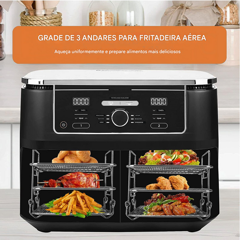 Grade para Air Fryer, Suporte para Torradas em Aço Inoxidável 304, Grelha Multi-Camadas, Churrasqueira