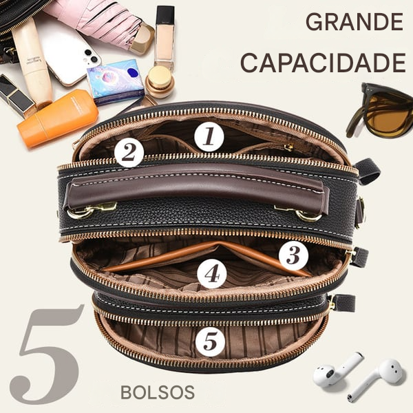 Bolsa transversal de couro com alça larga ajustável e compartimentos multifuncionais clássicos